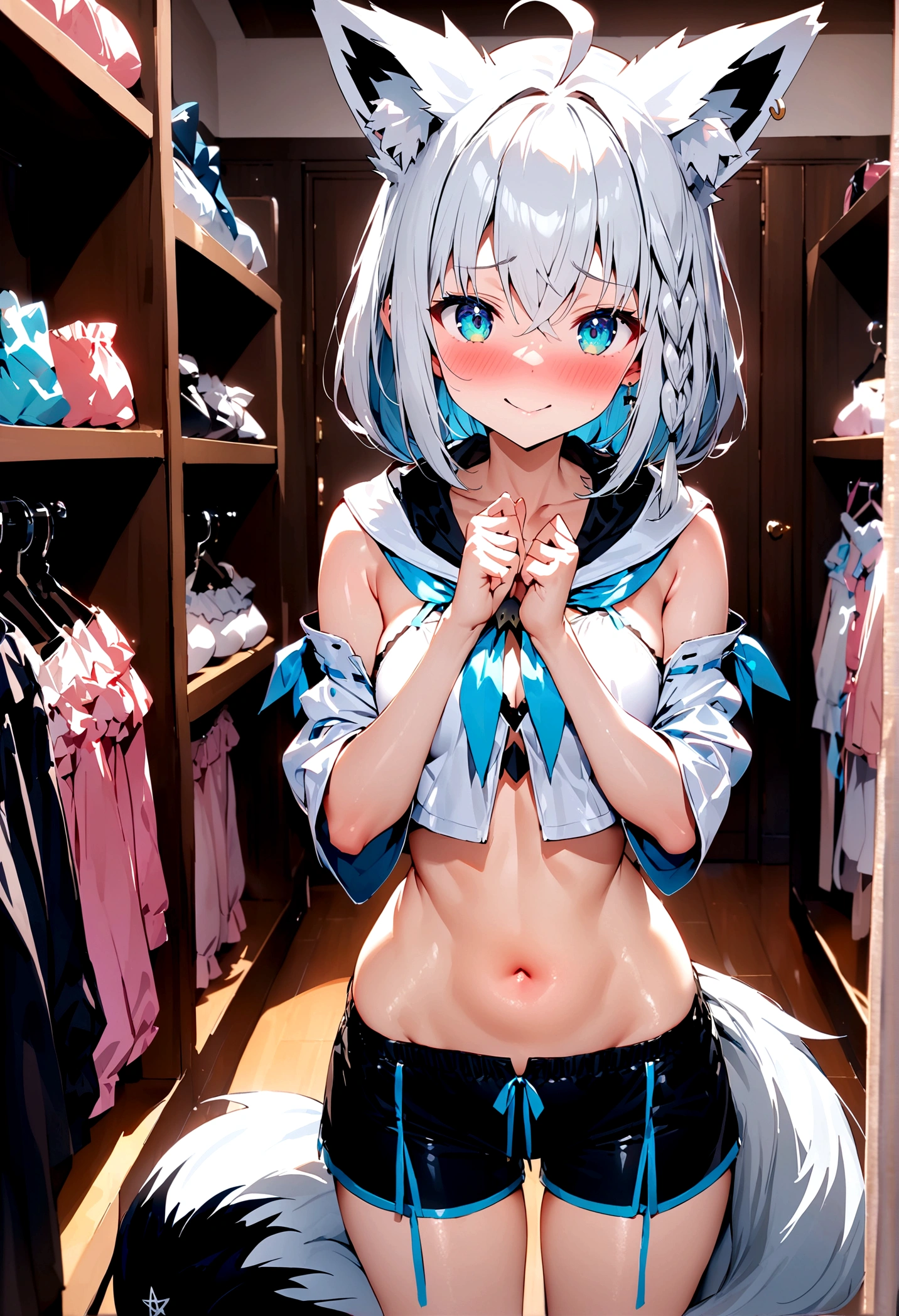 NSFW,masterpiece,Highest quality,High resolution,Super detailed,Shirakami Fubuki\(Hololive\),Gray Hair、One-sided braid、Ahoge、Earrings,Fox ears,Fox tail,Cropped jacket,Crop top shirt,Low-rise shorts,Embarrassed,blush,Expecting face,Seduce,smile,Lingerie Shop,Underwear section,Luxurious Room,Shy Pose