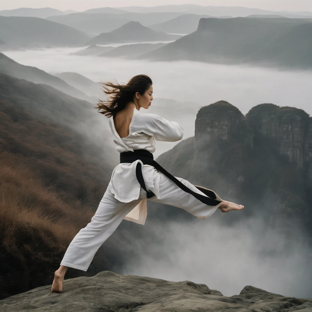 Quite a bit body of a beautiful face taekwondo Korean girls on ‘cliff’ still from the film, (Anne Hathaway look alike face: 0.7), in the style of foggy valley, fighting practice photography, tangerine and fossil grey, burne-jones, photorealistic urban scenes, luminosity of water, Leica SL3, Summicron-SL 75 f/2 ASPH, MyHeart 200 film, bare shoulder, monk cloth, dynamic action pose,
