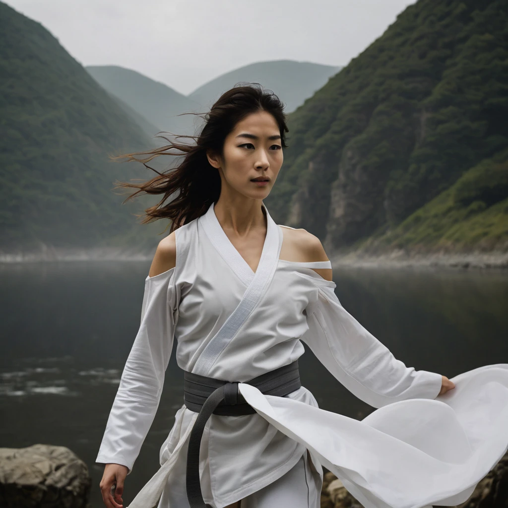 Quite a bit body of a beautiful face taekwondo Korean girls on ‘cliff’ still from the film, (Anne Hathaway look alike face: 0.7), in the style of foggy valley, fighting practice photography, tangerine and fossil grey, burne-jones, photorealistic urban scenes, luminosity of water, Leica SL3, Summicron-SL 75 f/2 ASPH, MyHeart 200 film, bare shoulder, monk cloth, dynamic action pose,
