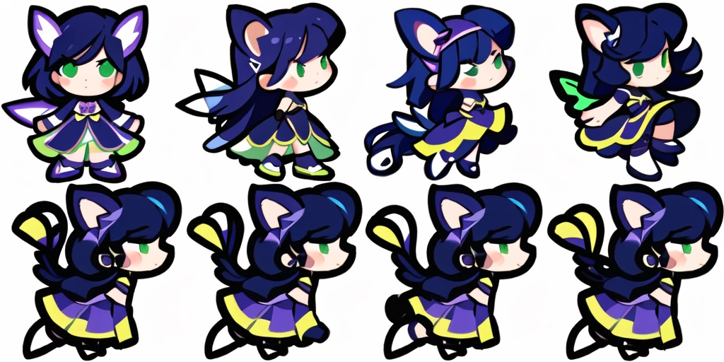 a close up of a cartoon character with different poses, spritesheet, sprite sheet, with familiar sprites, sprites, fairy girl, morgana, default pose neutral expression, twirling, sprite 2 d, shady, green fairy, smol,  multiple poses, cute chibi, kawaii