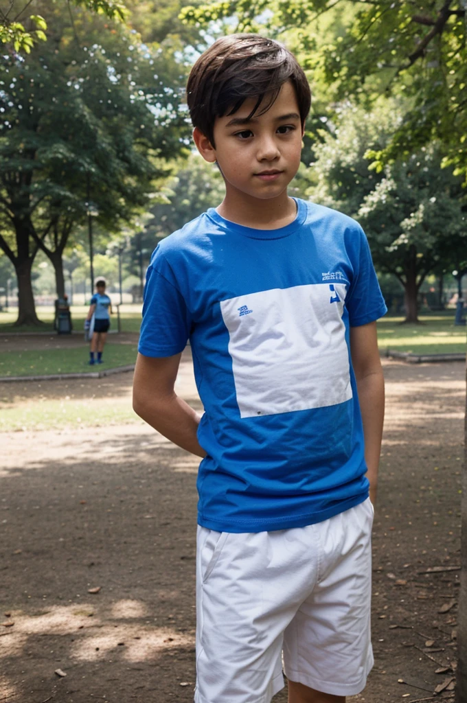 A boy wearing a blue and white t-shirt is in the park