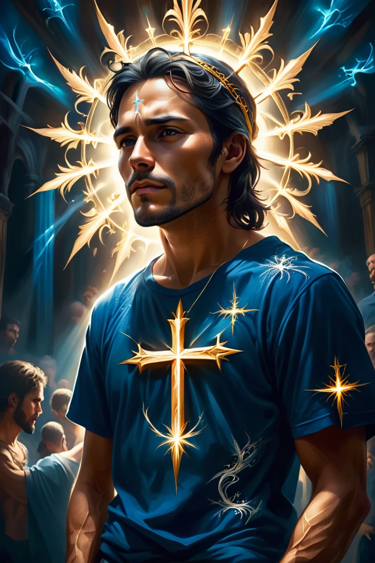 A man wearing a blue t-shirt with a cross design on it. He stands in front of a radiant cross emitting golden light. To his left, there's a depiction of a crown of thorns. Above the man, there's a textual message in Portuguese that speaks about the power of faith and the promise of eternal life. The background is a deep blue with golden rays emanating from the cross.