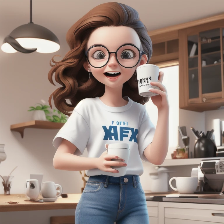 25 year old female, pretty, drinking coffee from a mug, white  shirt, jeans, cartoon-like, fun image