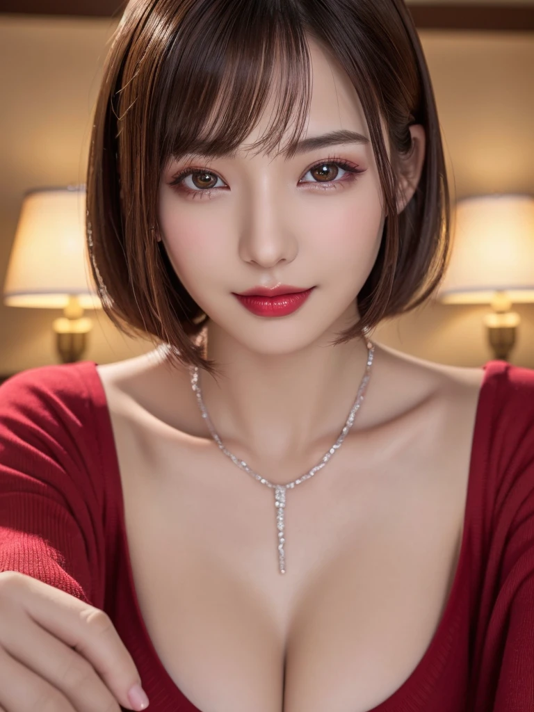 (Highest quality、Tabletop、8K、Best image quality、Award-winning works)、(One Girl, :1.3)、(Perfect V-neck long knit red sweater:1.2)、(Red eyeshadow:1.2)、Perfect Makeup、Long eyelashes、Ultra-high definition sparkling eyes、Ultra HD Hair、Ultra-high resolution glossy lips、Ultra High Resolution Perfect Teeth、Ultra HD cute face、Brown Hair、(Very short straight hair:1.1)、Look at me and smile、[clavicle]、Accurate anatomy、(Face close-up:1.5)、Luxury Love Hotel、(The most atmospheric and warm lighting:1.2)、Blurred Background、With bangs、Ultra-high-definition, shiny, moisturized face、Ultra-high resolution glowing skin、The most detailed face、Super high resolution detailed faces、ultra high resolution hair、Ultra-high resolution sparkling eyes、Beautiful face drawn in every detail、Ultra high resolution glossy red lips、Big Breasts、Cleavage、Fashionable necklaces