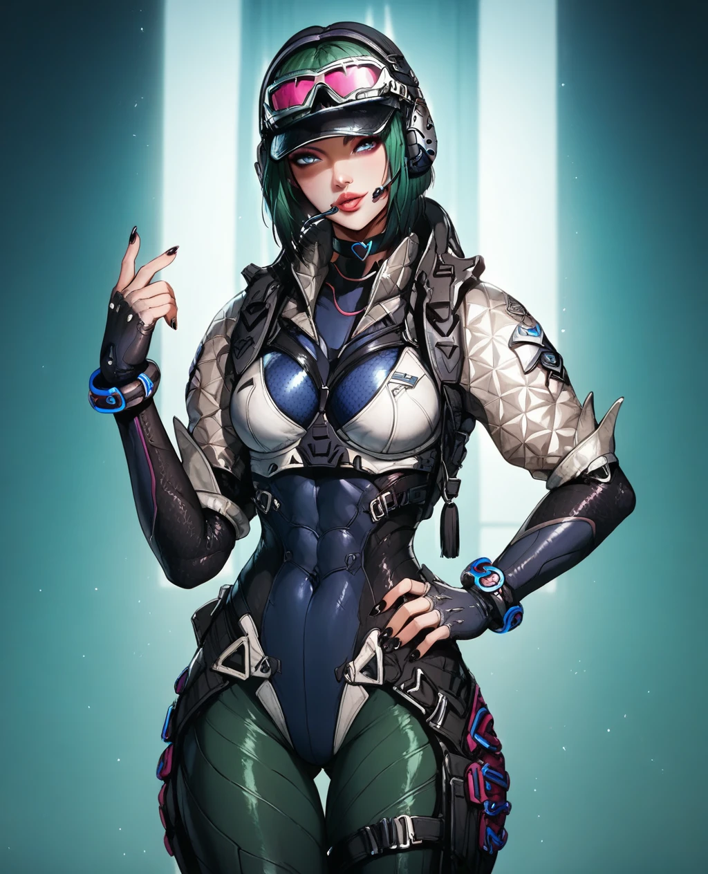 score_9, score_8_up, woman, athletic body, hourglass body, Ela Bosak from Rainbow Six Siege, seductive pose, Standing, tactical gear, green hair, thigh straps, clothed, revealing clothes, seductive face, beautiful eyes, detailed eyes, city scape background, black cap, pink goggles on cap, green yoga pants, black nails, choker