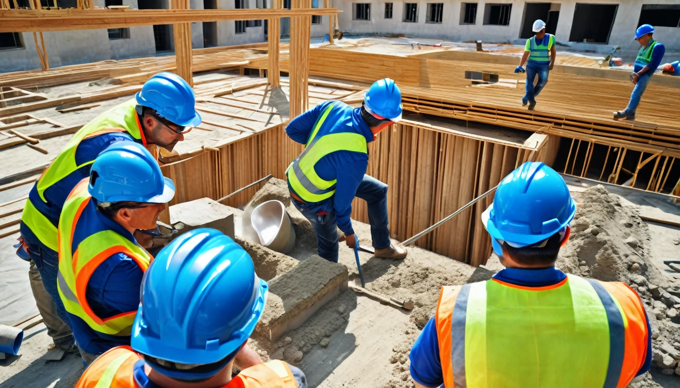A team of professional builders with blue helmets working on a construction site