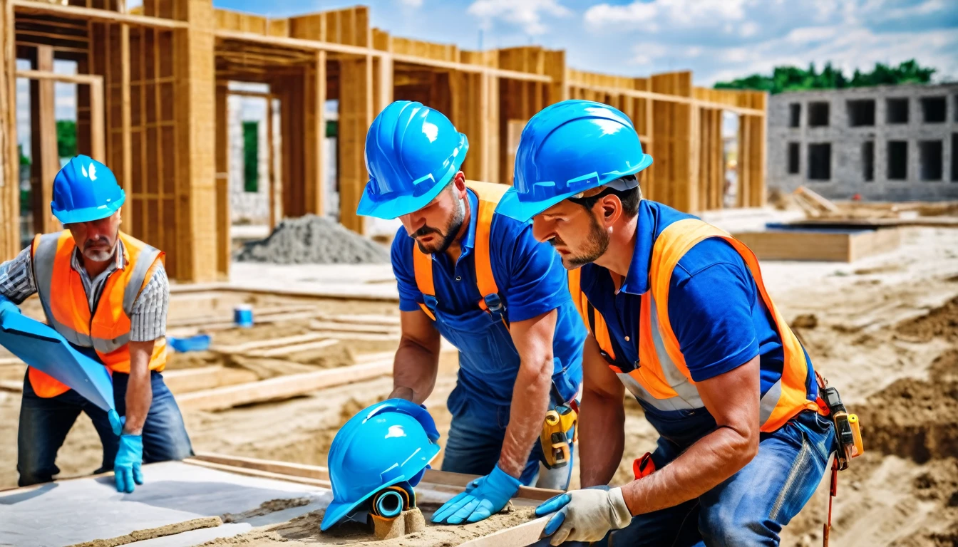 A team of professional builders with blue helmets working on a construction site
