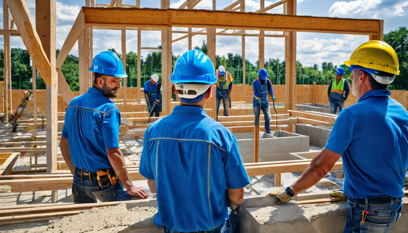 A team of professional builders with blue helmets working on a construction site