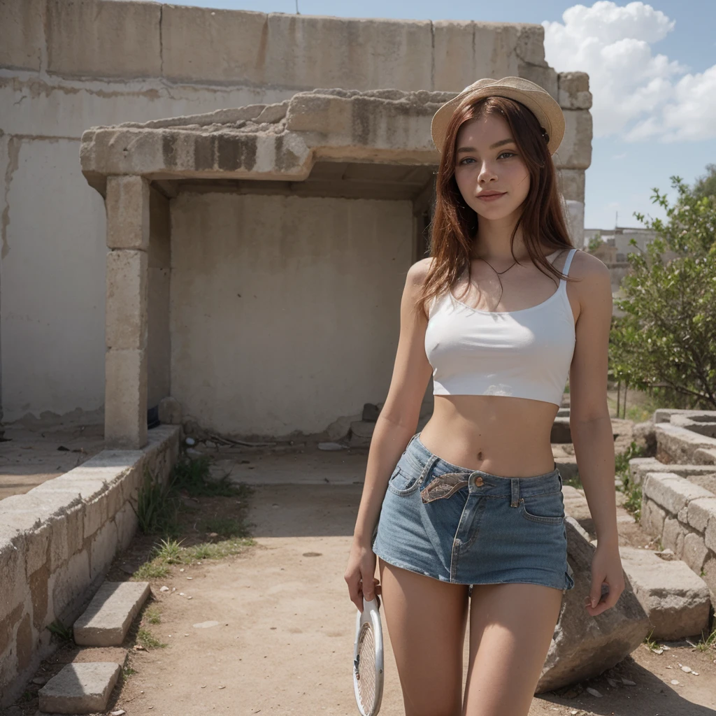 18-year-old girl similar to Chloë Grace Moretz, smiling, waist-length red hair, disheveled and disheveled, wears white fedora hat, white sleeveless blouse, blue miniskirt, tennis shoes, no socks, tight clothing, poses on ruins, probably part of A pre-Hispanic construction, it is completely exposed to the sun without any shade. intense direct sunlight, super realistic, clear sky, perfect body, correct proportions and perspectives, masterpiece, realistic photo, natural lighting from direct sunlight, outdoors