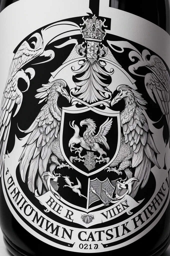 Create a coat of arms with a griffin and a bottle of wine in black and white