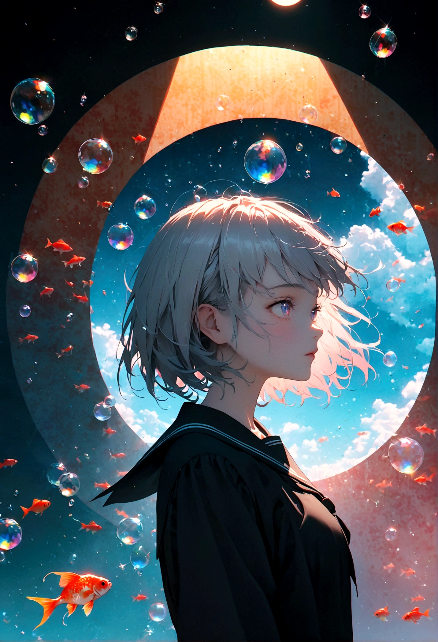 (woman\(student, , JK, short hair, Silver Hair, Floating Hair, Space-colored eyes, Black sailor suit\(Of high school\), Pale skin, Tired face, No shine in the eyes\) Looking up at the sky), (Many goldfish are swimming in the air), Beautiful sky, Beautiful Clouds, Colorful summer flowers are blooming everywhere., (Transparent bubbles shine like prisms here and there in the sky), The midday moon and the midday star shine in the sky, woman is at messy downtown, break ,quality\(8K,非常に精細なCGユニットのwallpaper, masterpiece,High resolution,top-quality,top-quality real texture skin,Surreal,Increase the resolution,RAW Photos,最高quality,Very detailed,wallpaper,Cinema Lighting,Ray-tracing,Golden Ratio\),(Long Shot),Wide Shot,