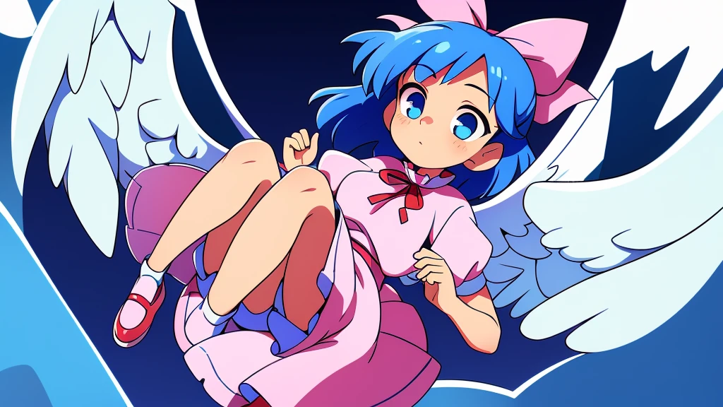 (best quality,4k,8k,highres,masterpiece:1.2), ultra-detailed, highly detailed texture, intricate details, A cute teenage angel with blue eyes, drawn in anime style, 1girl, , , 10 years old, medium blue hair, hair flaps, pink ribbon on head, well-formed face, blue eyes, angel girl, white blouse, puffy short sleeves, red ribbon, angel wings, long white skirt, red shoes, frills, ribbon head, A pair of angel wings on the back