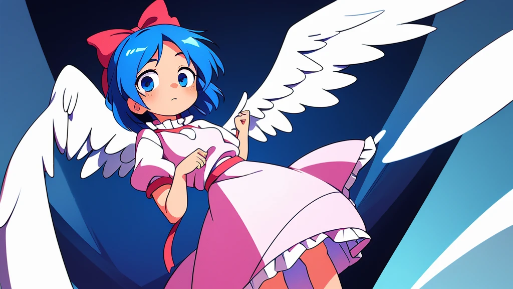 (best quality,4k,8k,highres,masterpiece:1.2), ultra-detailed, highly detailed texture, intricate details, A cute teenage angel with blue eyes, drawn in anime style, 1girl, , , 10 years old, medium blue hair, hair flaps, pink ribbon on head, well-formed face, blue eyes, angel girl, white blouse, puffy short sleeves, red ribbon, angel wings, long white skirt, red shoes, frills, ribbon head, A pair of angel wings on the back