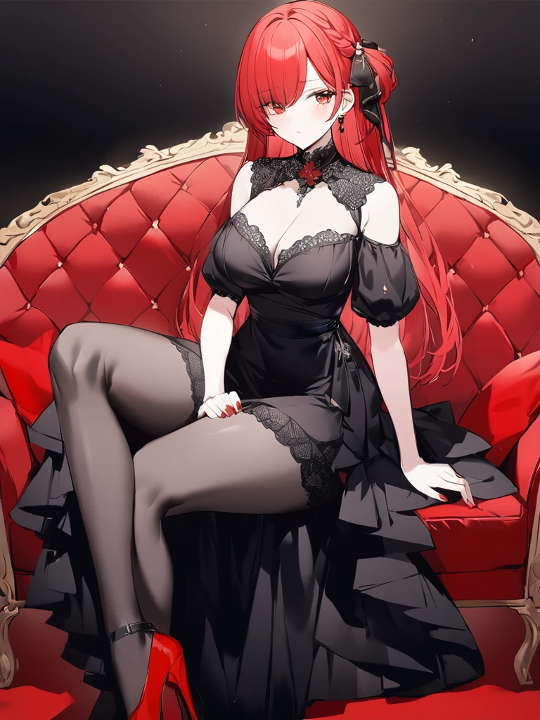 Hide cleavage、Lots of lace、Black Dress、red heels、Long Red Hair、Sitting、Beautiful woman