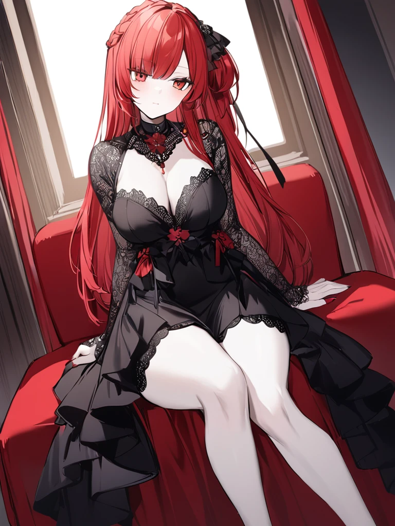 Hide cleavage、Lots of lace、Black Dress、red heels、Long Red Hair、Sitting、Beautiful woman