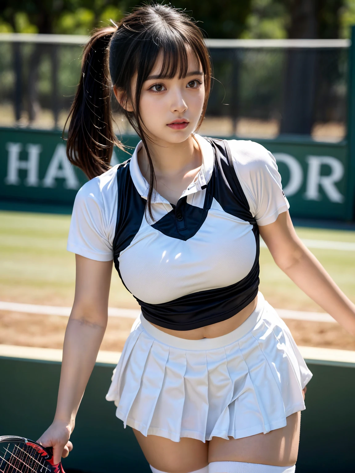 masterpiece, best quality, illustration, Super detailed, fine details, High resolution, 8K,wall paper, perfect dynamic composition, front view, standing, 18 year old girl, tennis player, Gravure Idol, cute type, (Details High quality, realistic depiction of eyes:1.3), (Colossal tits:1.2), expresses the roundness and softness of your chest., low ponytail, bangs, black hair color, Dark makeup, Big Natural Color Lip, thick thighs, perfect body shape, plump figure, large hips, beautiful clavicle, white tennis uniform, short sleeve, shirt, skirt, socks, tennis shoes, depth of fields, natural lighting