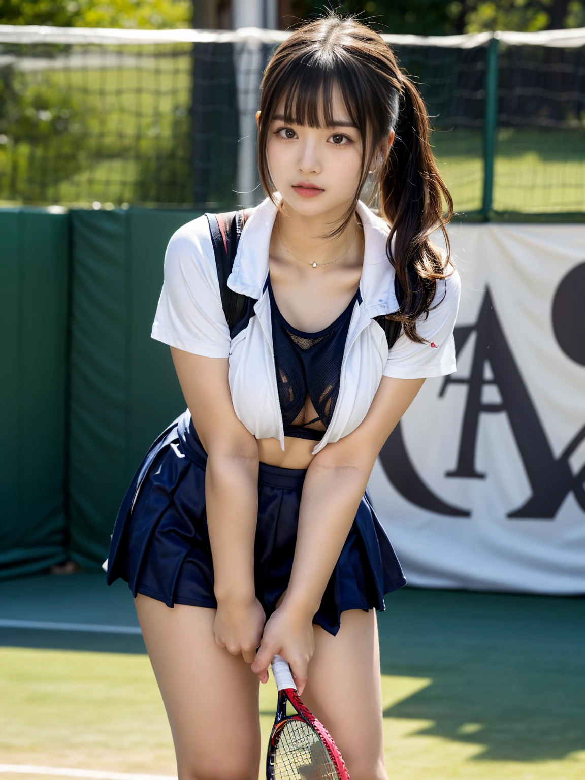 masterpiece, best quality, illustration, Super detailed, fine details, High resolution, 8K,wall paper, perfect dynamic composition, front view, standing, 18 year old girl, tennis player, Gravure Idol, cute type, (Details High quality, realistic depiction of eyes:1.3), (Colossal tits:1.2), expresses the roundness and softness of your chest., low ponytail, bangs, black hair color, Dark makeup, Big Natural Color Lip, thick thighs, perfect body shape, plump figure, large hips, beautiful clavicle, white tennis uniform, short sleeve, shirt, skirt, socks, tennis shoes, depth of fields, natural lighting