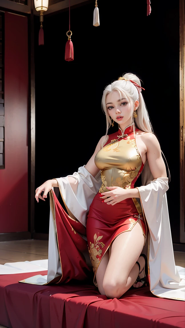 A very beautiful female empress, white  hair, yellow  eyes, red nails, youthful face, notable physical features, slim, muscular but well-proportioned body. Wearing traditional Chinese imperial clothing decorated in gold with black details, with red Hanafuda earrings, with a red skirt, a black string sandal. Kneeling on a white bed in an ancient Chinese room, with a full moon and stars in the window in the background with flashes of light reflecting on the body.