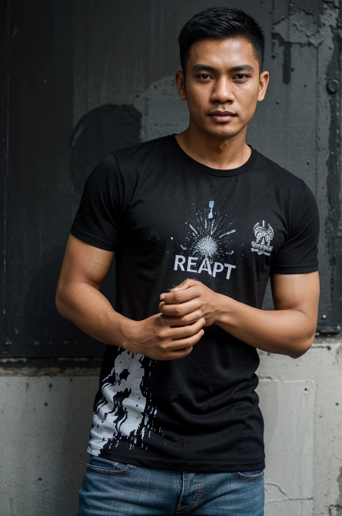 a handsome Indonesian man wearing a black t-shirt with a pattern like a splash of paint that says *(want to repent)* The spelling of the writing is very clear and detailed. UHD realistic images like oil paintings