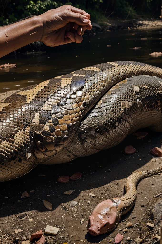 a huge python with a huge stomach whose flesh was torn apart. The contents of the snake's stomach came out, there was a pig's head with separate small pieces of meat & stomach mucus fluid and a lot of blood was bleeding on the river bank.