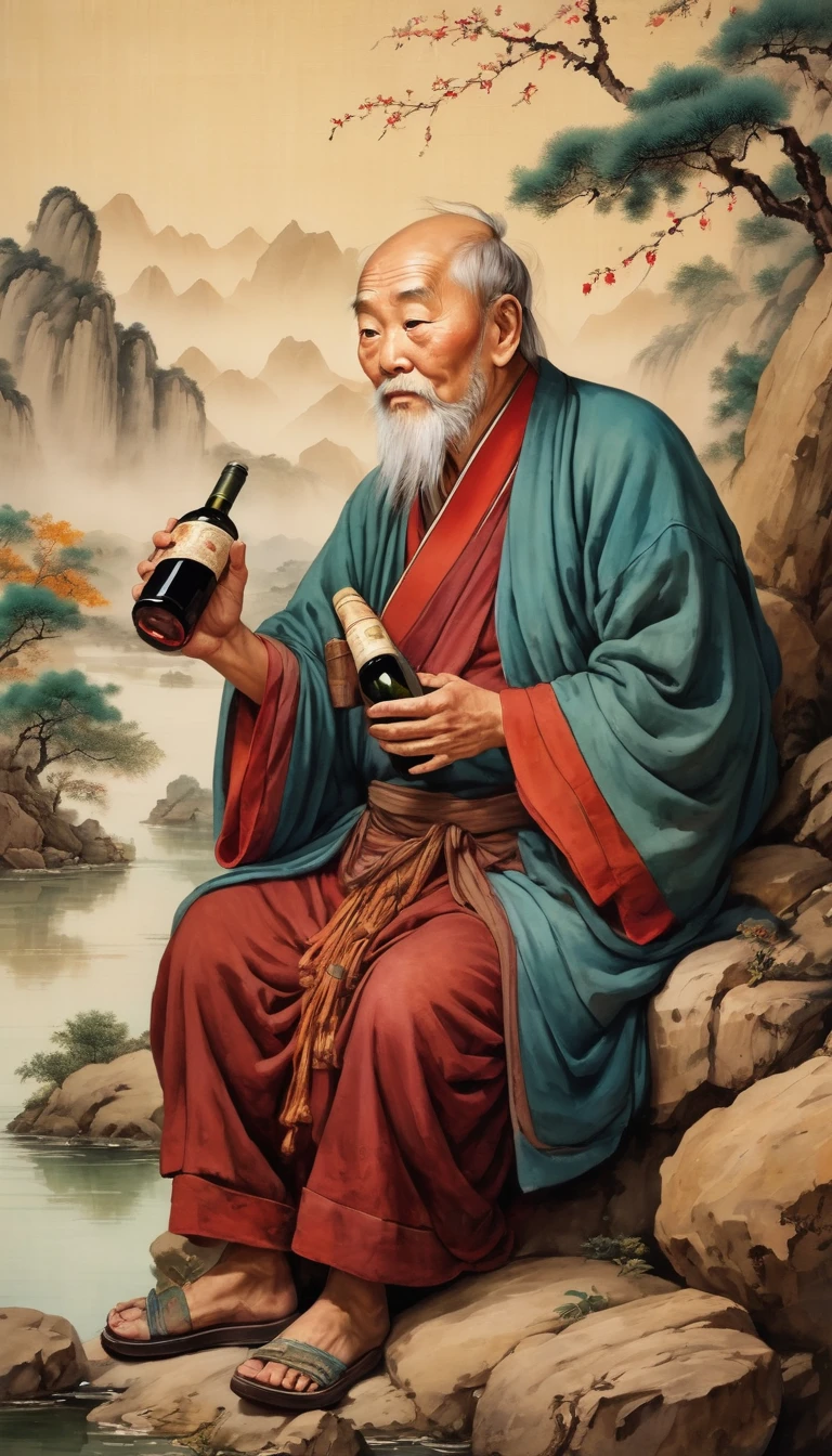masterpiece, best quality, a man sitting on a stool holding an ancient wine bottle, ancient Chinese monk, boxing monk, concept art for monks, thin male alchemist, ancient sword