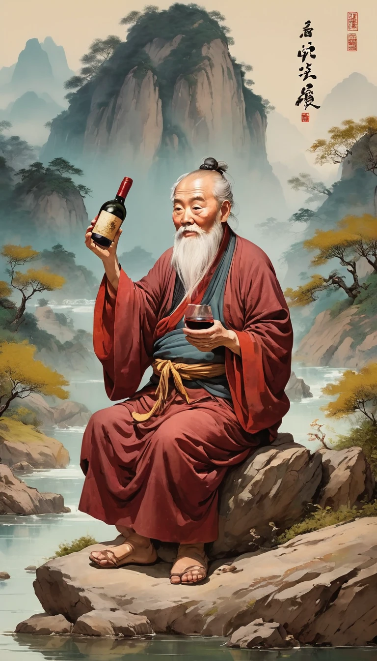 Chinese style，Ancient Paintings，An old man，The facial features are not coordinated，Big bare belly，Sitting on a big rock by the river，Left hand holding bottle，There is a jar of wine around，Wine aroma，Solid color background