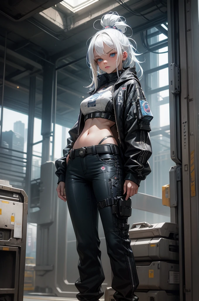 1 girl, white  hair, blue colored eyes, face perfect, Technological bra, exposed belly, Technological Arms, pants, High-tech sneakers, serious pose, cyberpunk robot next to the girl.