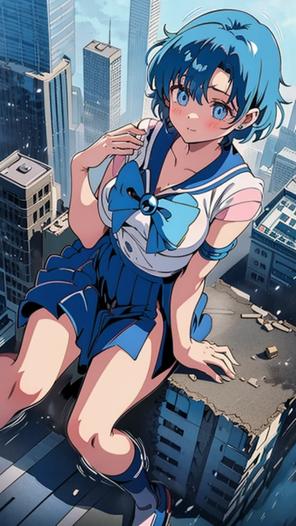 Anime style beauty masterpiece Unreal Engine precision cute girl Giant girl (Ami Mizuno in skyscraper) Short blue hair Sailor Mercury uniform Sneakers ((Aerial view)) Flood Heavy rain Torrential rain Cloudy sky Dark sky Collapsed building Destroyed ((Destroyed buildings) )) ((Destroyed cars)) ((Pile of rubble)) Giant girl on the road of a big city in the 90s Uniform ((Cloudy sky)) Female giant Giant girl's whole body Destroyed skyscrapers, destroyed cars, crowd Unreal Engine,