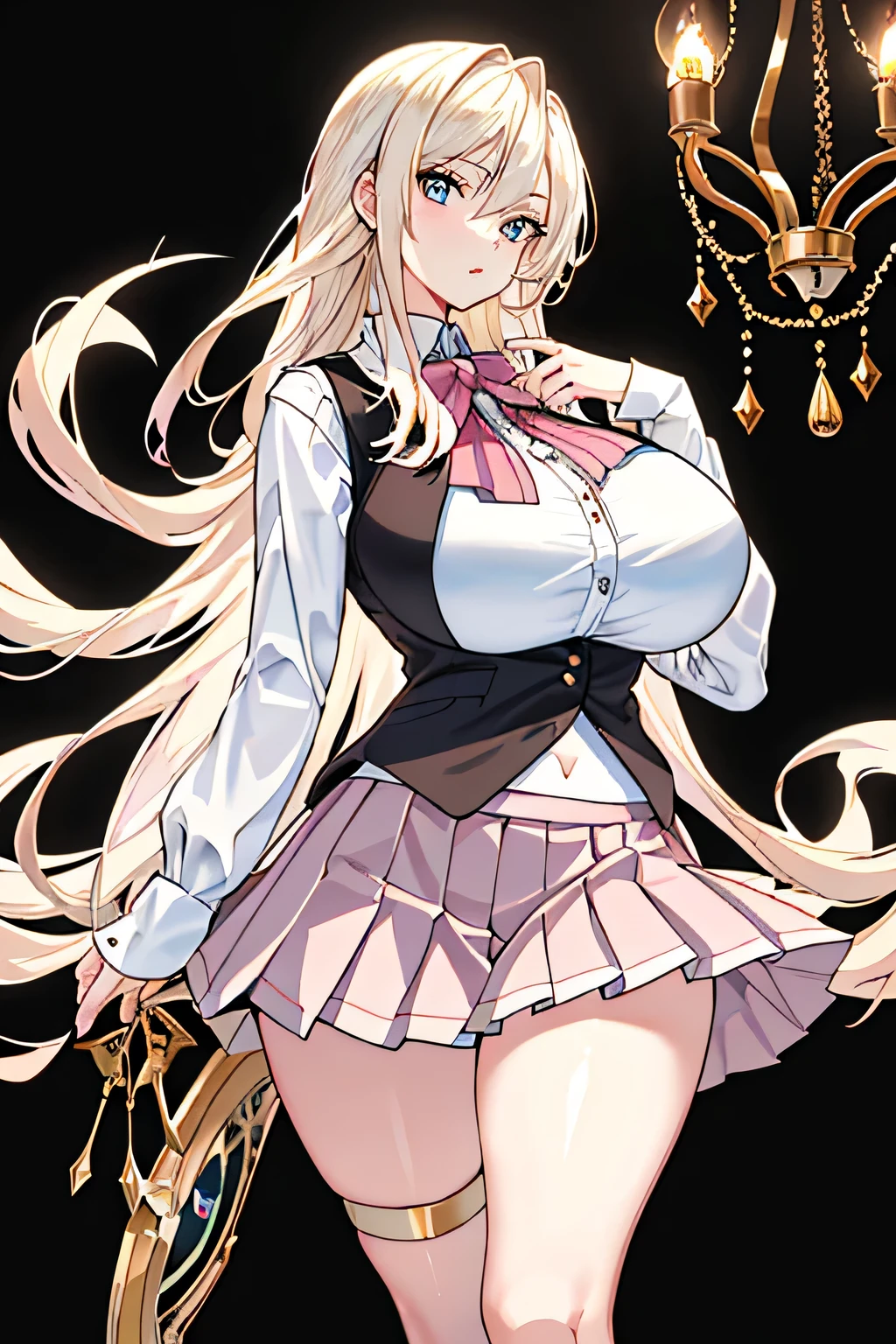 One girl, Browsing Caution, masterpiece, Highest quality, slender girl with Hourglass-shaped body and Huge breasts, alone, cute, cute, Shy girl, ((The girl is wearing a white blouse, Pink vest, Brown pleated skirt, Short skirt)), Cleavage, sexly, A girl showing off her attractive breasts, Captivating thighs, ((Platinum Blonde Hair, Long Hair)), Indigo eyes, Fine grain, Beautiful Eyes, Delicate eyes, ((Hourglass-shaped body, sexly body)), Correct Anatomy, Correct limbs, ((Huge breasts, Large Breasts)), Juicy lips, Pouting, [Detailed Background (Schools in South Korea, South Korean high school, Seoul, South Korea)]