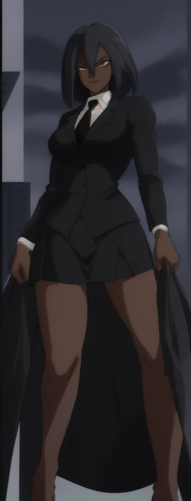 Evil black skinned business woman in a skirt suit