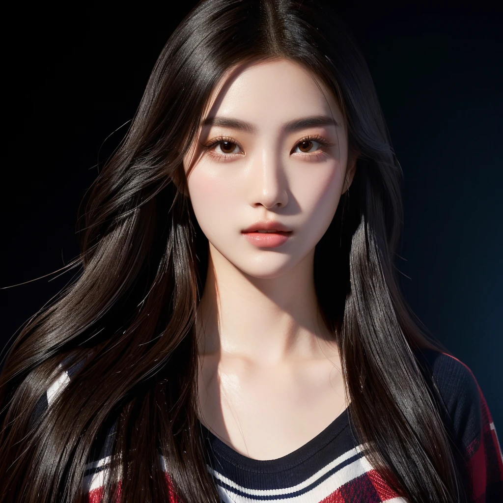 The Araffe woman wore a red and blue plaid T-shirt., ผู้หญิงlong hairชาวเอเชียตะวันออกเฉียงใต้ที่มีใบหน้ากลม, Large bust measures 38 inches., Warm light, morning sun, long hair,black eyes,abdominal muscles, (digital painting, HDR, high contrast), 3d, 8K, 45,000,000 pixcls,Asian girl, Gorgeous Chinese model, Japanese model, beautiful asian woman, Japanese goddess, beautiful female model, jaw-dropping beauty, Attractive face and body
