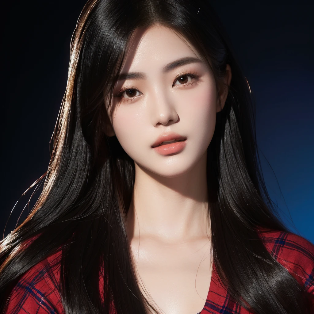 The Araffe woman wore a red and blue plaid T-shirt., ผู้หญิงlong hairชาวเอเชียตะวันออกเฉียงใต้ที่มีใบหน้ากลม, Large bust measures 38 inches., Warm light, morning sun, long hair,black eyes,abdominal muscles, (digital painting, HDR, high contrast), 3d, 8K, 45,000,000 pixcls,Asian girl, Gorgeous Chinese model, Japanese model, beautiful asian woman, Japanese goddess, beautiful female model, jaw-dropping beauty, Attractive face and body