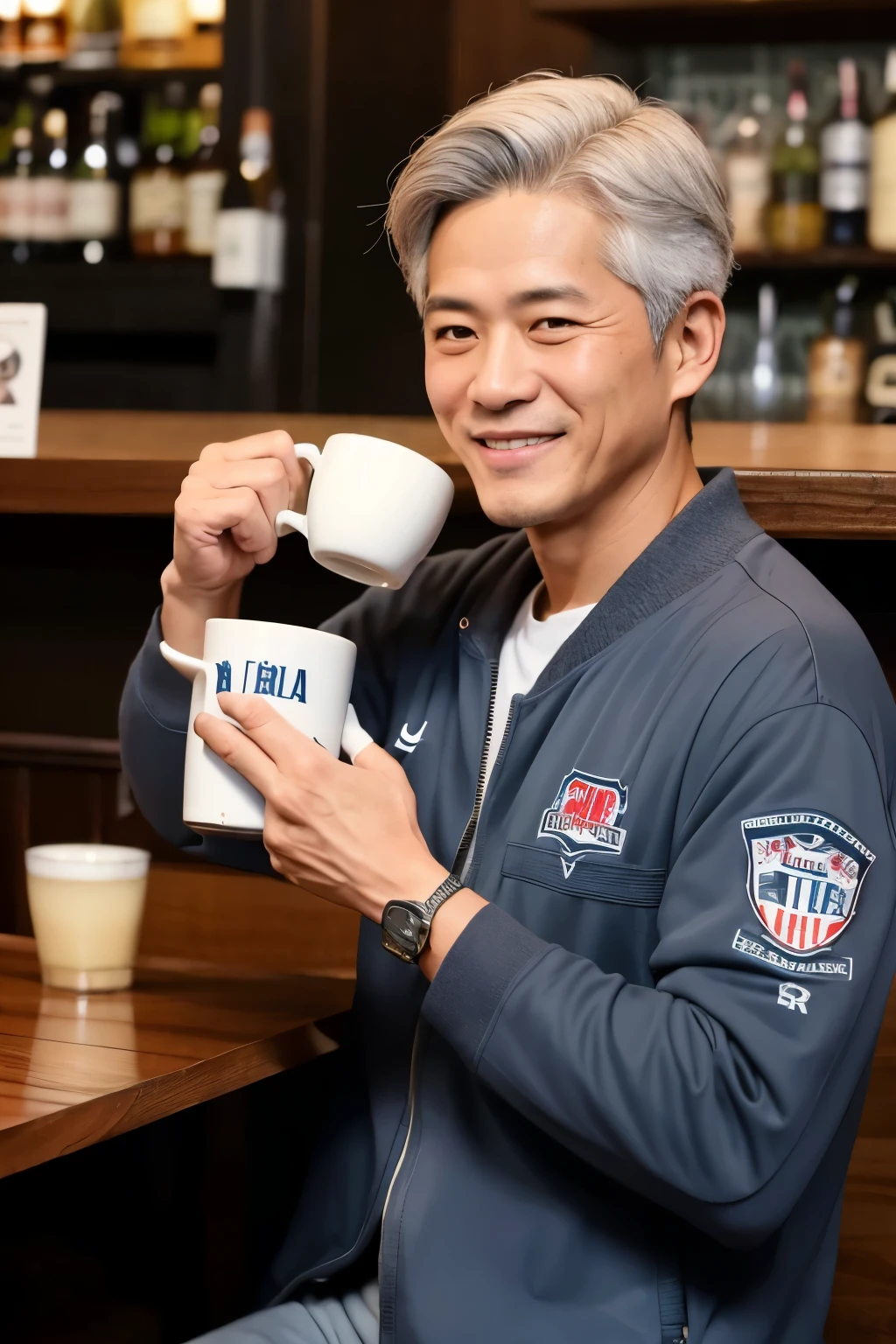 Shohei Ohtani in his 50s, Gray hair, smile, Wearing a navy blue blouson, Drinking beer from a mug at a bar
