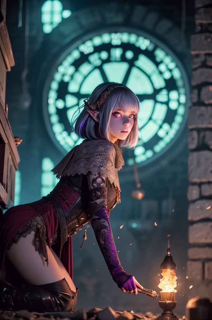 (Ultra-detailed face, looking away), (Fantasy Illustration with Gothic & Ukiyo-e & Comic Art), (A middle-aged dark elf woman with silver hair, blunt bangs, bob cut and dark purple skin, lavender eyes), (She has her goggles shifted to her forehead and is wearing red quilted armor and red boots), BREAK (She is in a dark, abandoned room in a clock tower, her face close to the wall in a daring pose, reaching out and turning a handle in an attempt to solve a puzzle of gears on the wall), BREAK (In the background, we see crumbling clock parts and a snapping, pale, glowing ball floating in the air)