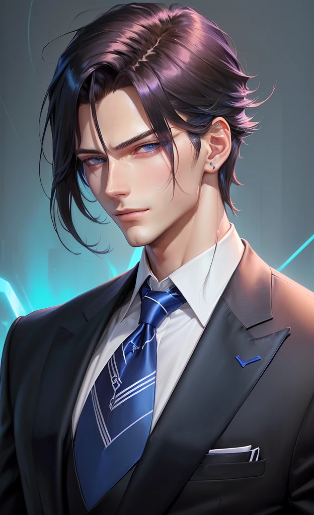 Half-length photo,A man in a suit and tie poses for a photo, A handsome man with blue eyes, a tall anime man, Anime handsome man, beautiful androgynous prince, inspired by Yanjun Cheng, Anime realism style, Produced in collaboration with Anime Painter Studio, Cool anime poses, Smooth anime CG art, Realistic anime art style