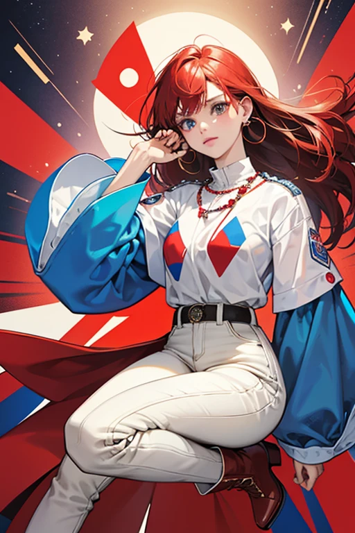 Dangling from her ears are round beadwork earrings, colored red, white, and blue. She wears a white long-sleeved shirt with red sleeves, and the shirt's design shows a circular formation of eight blue triangles, a simplified rendition of the original Oglala flag. Her pants are jeans and her shoes are brown high-heeled boots.
On each of her wrists are two different bracelets: her right wrist has a beadwork bracelet, which also has the colors red, white, and blue; her left wrist has two golden bands, one thick and one thin. SPARKLE; GLITTER