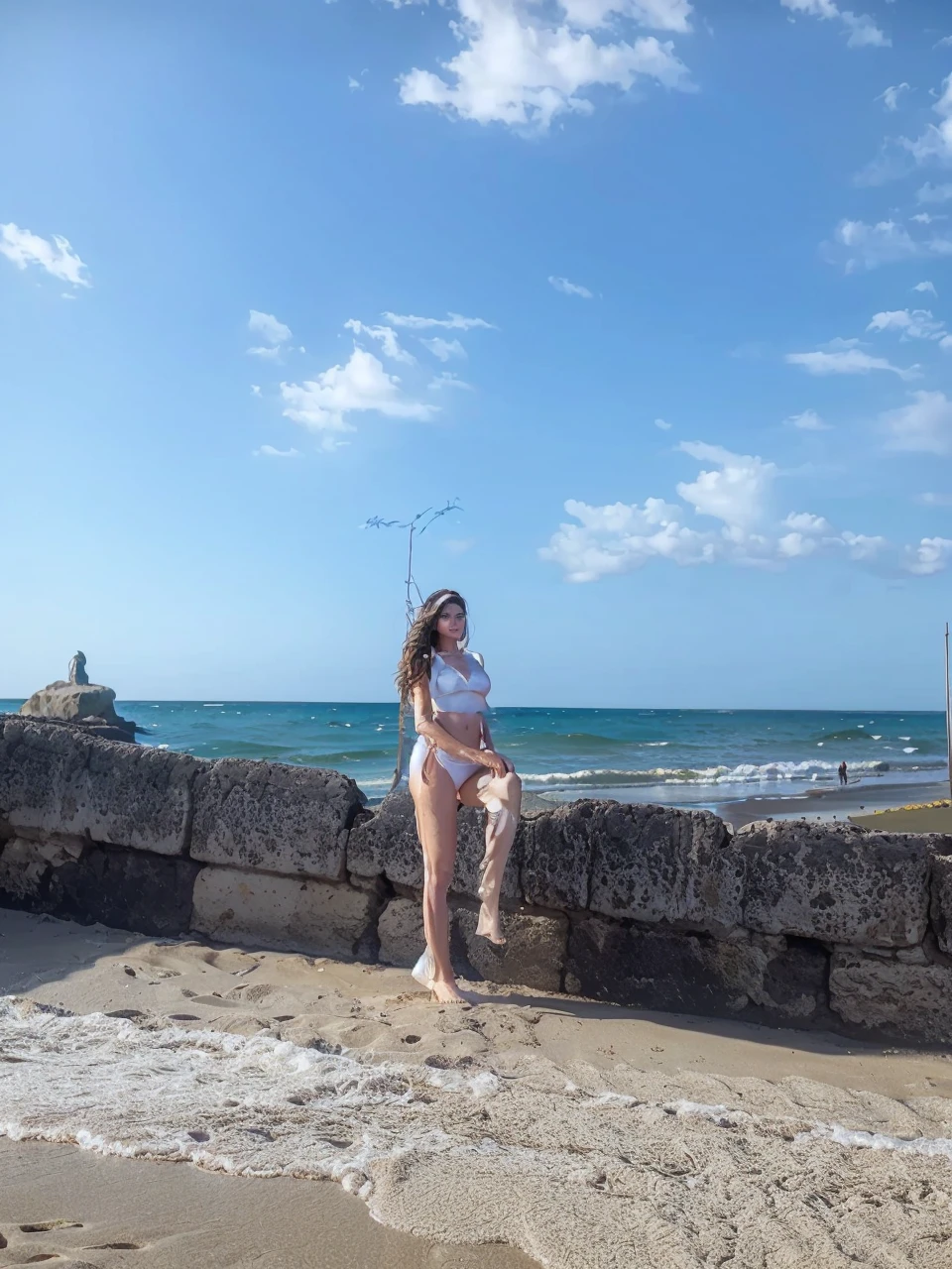 a woman on the beach wearing a bikini, beautiful detailed eyes, beautiful detailed lips, extremely detailed face and skin, long eyelashes, toned athletic body, elegant pose, walking on the beach, waves crashing in the background, golden sunset sky, dramatic lighting, cinematic, photorealistic, 8k, high quality, (best quality:1.2), (realistic:1.4)