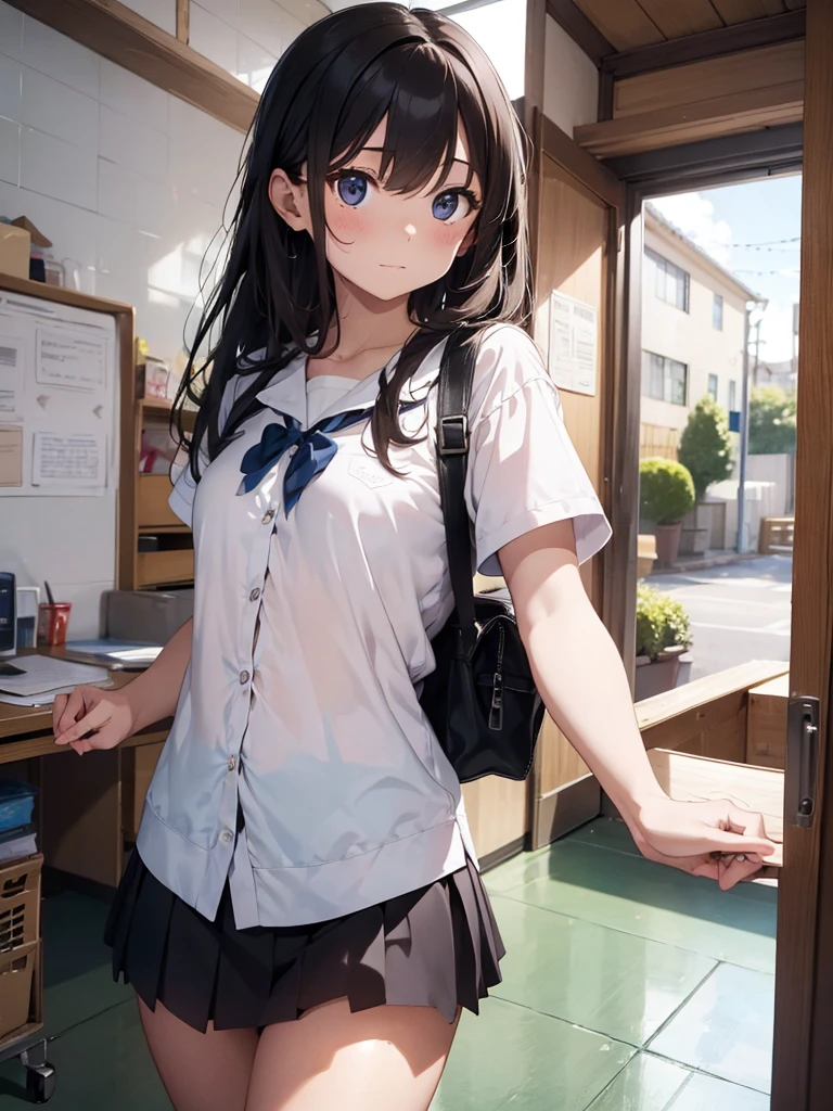 ((best quality)), ((masterpiece)), (detailed), perfect face, classroom, 16yo teen girl, sitting, ((((plain white button shirt)))), dark blue pleated skirt, (((plain pink panties))), upskirt, skinny thighs, skinny waist, ((shy surprised:1.2))