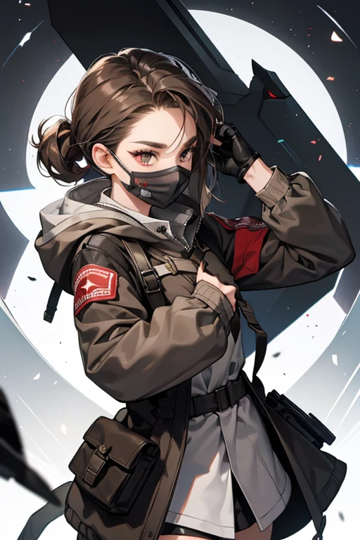 Sparrow had a dark gray mask, with a voice modulator so that she could hide her true gender, covering her face, with the top of the mask being dark brown. Over her mask, she wore goggles with gray straps and circular red lenses. She also wore a brown hooded jacket. The hood was worn over her head, and it was designed after the head of a sparrow, having a dark gray beak, white markings on its forehead and the sides, and an eye with a dark brown pupil.
Underneath her jacket, she had a white suit, and over it, she had dark gray buckles around her torso. On her upper left leg, there is a dark brown bag with pockets, and she wore gray gloves. SPARKLE; GLITTER