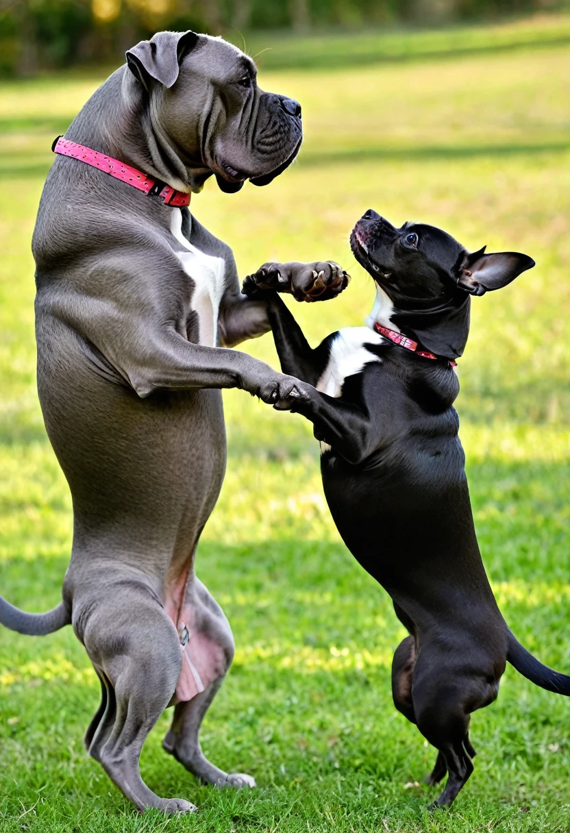 Neapolitan mastiff dog boxing against a Chihuahua dog