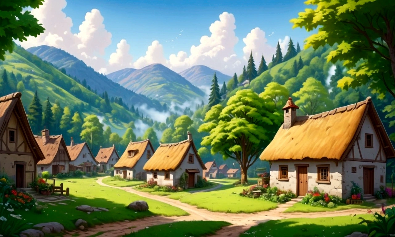 Draw a small village with a forest like this in the background 