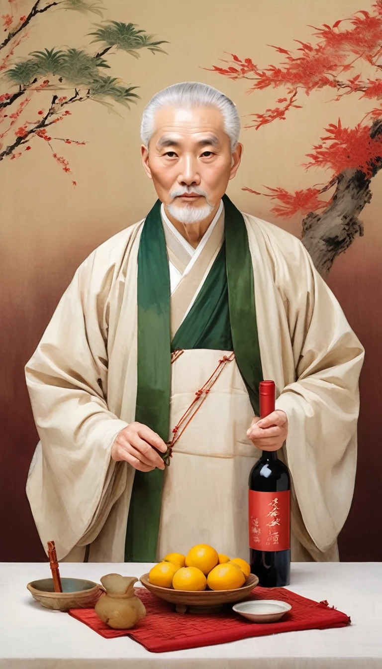 Portrait photography；Ancient costume white-haired old man，Gentle temperament，Willow Leaf Eyebrows，Ragged clothes，Frontal shot，Regular facial features，Hand-held wine bottle transparent wine bottle，Beige background，Chinese painting style，Bust composition，Bright，Static，solemn，Classical beauty。A vintage table，don、Song Dynasty Fine Brushwork Techniques，Mysterious and dreamy scene style，Dark beige and light beige，Panorama scale，Light red and dark green，Silk Painting，Colorful animated stills
