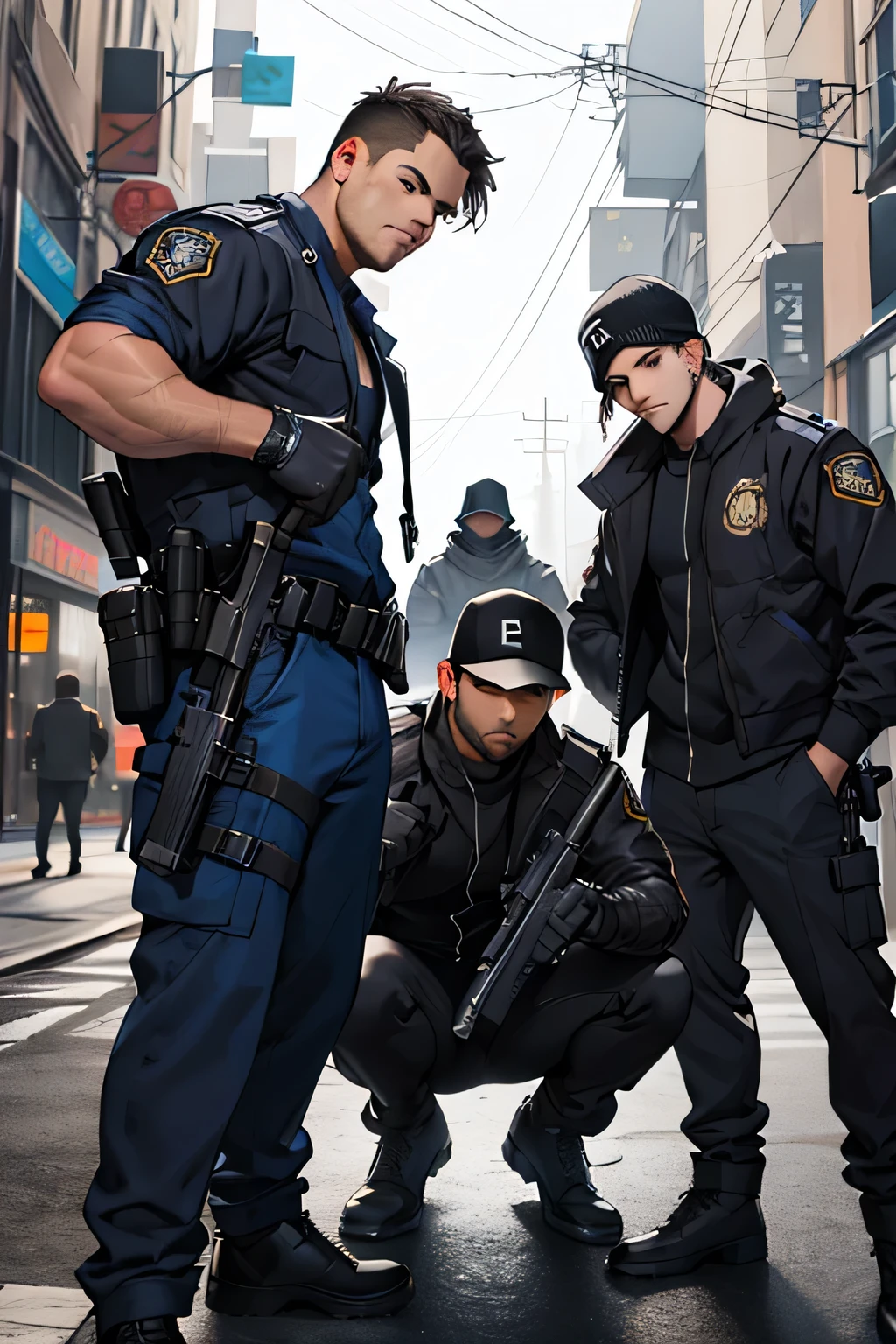 Create a group of 5 criminals posing with weapons with a pose of 3/4