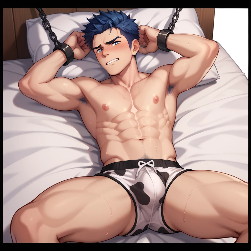 The Sealed Demon King man. topless, Just by wearing cow print clothes. another world. Fantasy. Chained. Hellish Place, Sweaty body, Embarrassed face, White eyes, Bent legs, Lying down, Lift your thighs yourself, male only, male focus, yaoi, anime style