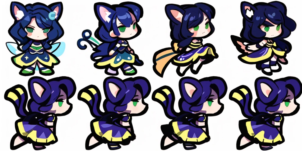 a close up of a cartoon character with different poses, spritesheet, sprite sheet, with familiar sprites, sprites, fairy girl, morgana, default pose neutral expression, twirling, sprite 2 d, shady, green fairy, smol, multiple poses, cute chibi, kawaii