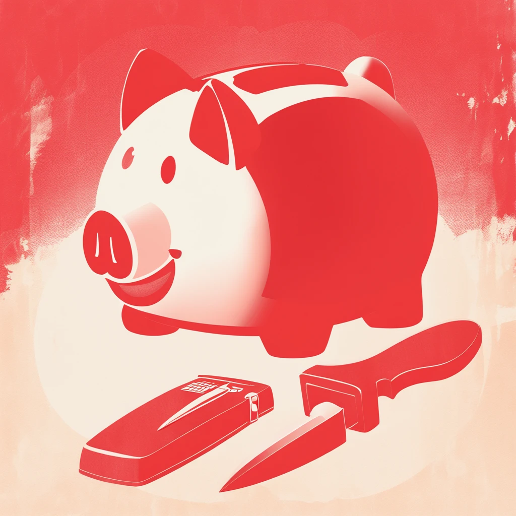 piggy bank with a knife in it crimson in calotype print art style