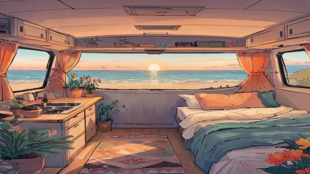 In the comfort of a camper, Comfy bed and warm blanket, plant, Flowers, decorate, View of the quiet beach from behind, sunrise, peaceful, Vibrant colors, Line Art, Cartoon Style, (masterpiece, best quality, high resolution), 8K