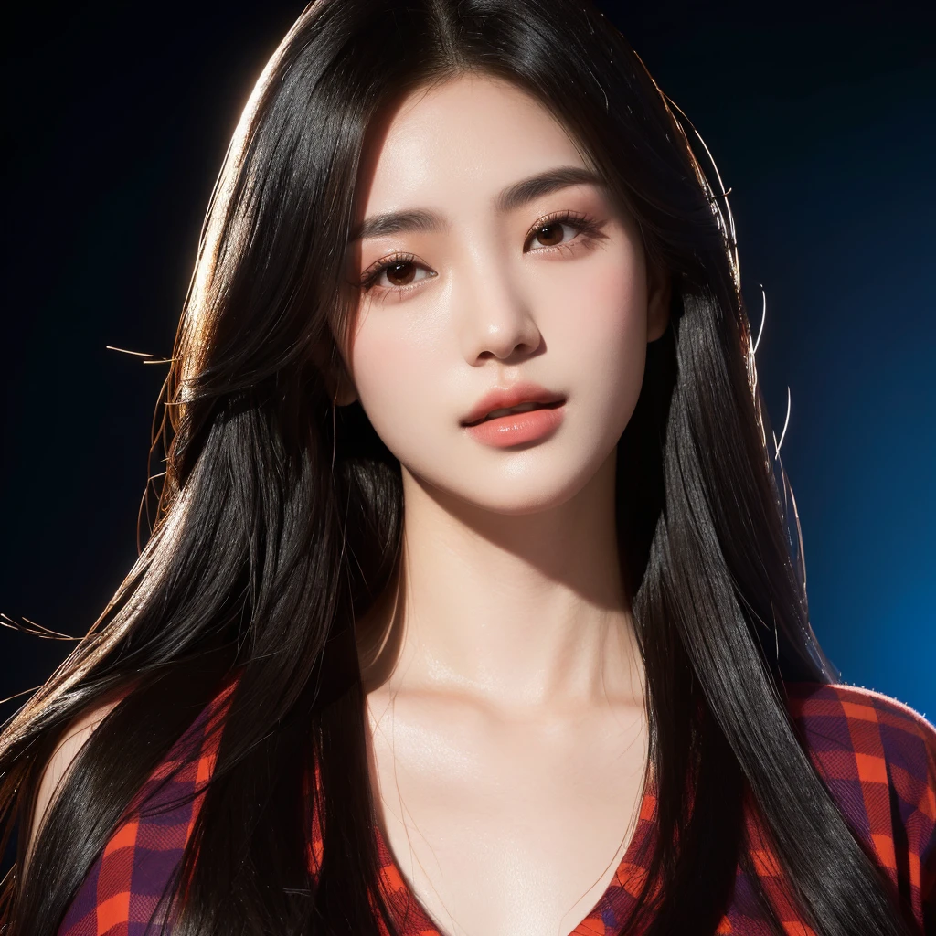 The Araffe woman wore a red and blue plaid T-shirt., ผู้หญิงlong hairชาวเอเชียตะวันออกเฉียงใต้ที่มีใบหน้ากลม,  Large bust measures 38 inches., Warm light, morning sun,  long hair,black eyes,abdominal muscles,  (digital painting, HDR, high contrast), 3d, 8K, 45,000,000 pixcls,Asian girl, Gorgeous Chinese model, Japanese model, beautiful asian woman, Japanese goddess, beautiful female model, jaw-dropping beauty, Attractive face and body