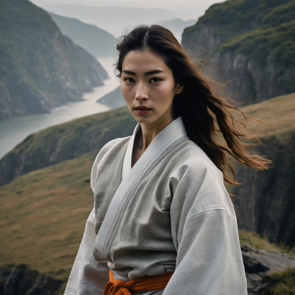 Quite a bit body of a beautiful face taekwondo Korean girls on ‘cliff’ still from the film, (Anne Hathaway look alike face: 0.7), in the style of foggy valley, fighting practice photography, tangerine and fossil grey, burne-jones, photorealistic urban scenes, luminosity of water, Leica SL3, Summicron-SL 75 f/2 ASPH, MyHeart 200 film, bare shoulder, monk cloth, dynamic action pose,