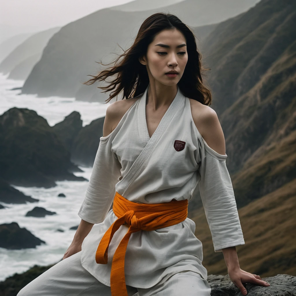 Quite a bit body of a beautiful face taekwondo Korean girls on ‘cliff’ still from the film, (Anne Hathaway look alike face: 0.7), in the style of foggy valley, fighting practice photography, tangerine and fossil grey, burne-jones, photorealistic urban scenes, luminosity of water, Leica SL3, Summicron-SL 75 f/2 ASPH, MyHeart 200 film, bare shoulder, monk cloth, dynamic action pose,